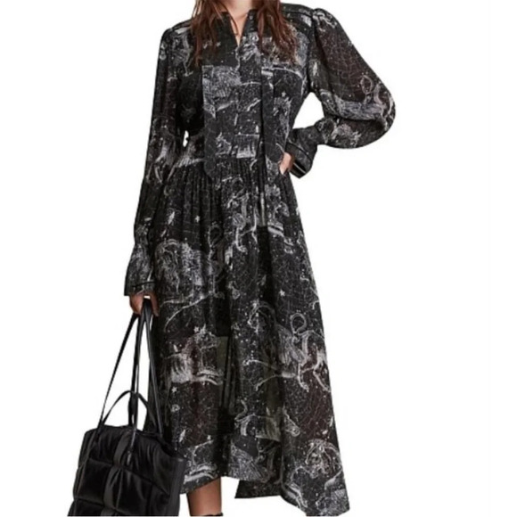 ALL SAINTS Alisa Astraeus Print Long Sleeve Midi Dress Black Size 0 - Picture 1 of 11
